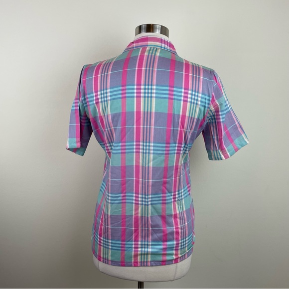 Vintage Miss B Pink Blue Plaid Short Sleeve Button Down Shirt Top Women 9/10 - Picture 7 of 7
